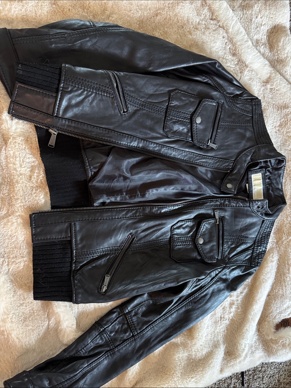 Michael Kors Black Leather Bomber Jacket with Zip Pockets